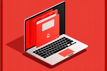 File folder on laptop screen, red background. AI digital illustration