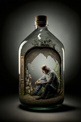 A drunk alcoholic addicted man trapped inside a liquor bottle on dark background, generative AI