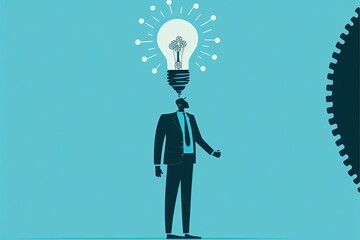 Businessman with light bulb, ideas concept, blue background. AI digital illustration