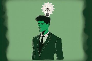 Businessman with light bulb and gears, ideas concept, green background. AI digital illustration