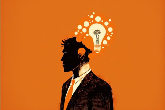 Businessman with light bulb, ideas concept, orange background. AI digital illustration