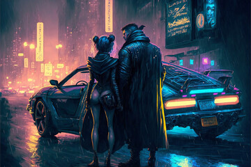 Naklejka na ściany i meble The Dark Warrior and the Gothic Lady Couple: A Cyberpunk Love Story in the Futuristic City of 2077, Where Fashion Meets Fantasy and Technology Rules All, Generative AI