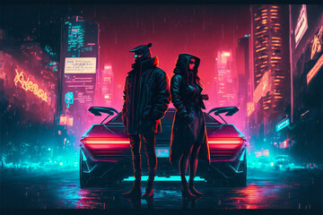 Fototapeta na wymiar The Dark Warrior and the Gothic Lady Couple: A Cyberpunk Love Story in the Futuristic City of 2077, Where Fashion Meets Fantasy and Technology Rules All, Generative AI