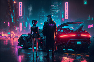 The Dark Warrior and the Gothic Lady Couple: A Cyberpunk Love Story in the Futuristic City of 2077, Where Fashion Meets Fantasy and Technology Rules All, Generative AI - obrazy, fototapety, plakaty