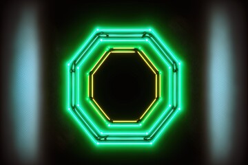 Background with neon lights in octagonal shape. AI digital illustration