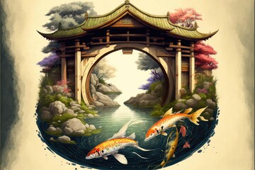Illustration of spiritual gate, japan kami temple. Generative AI