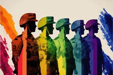 Generative AI military men forming with rainbow flag