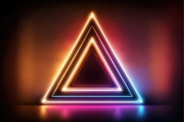 Background with realistic neon lights, triangle. AI digital illustration