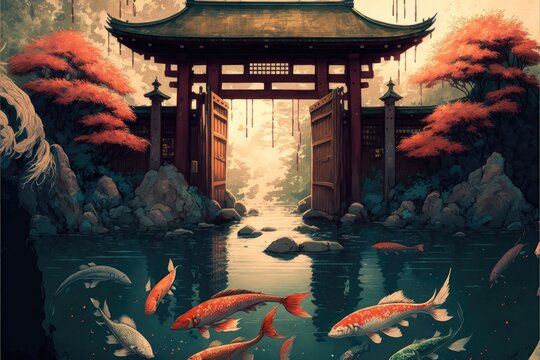 Illustration of spiritual gate, japan kami temple. Generative AI