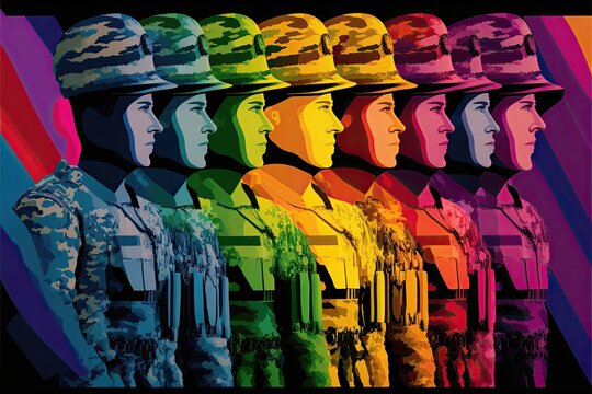 Generative AI military men forming with rainbow flag