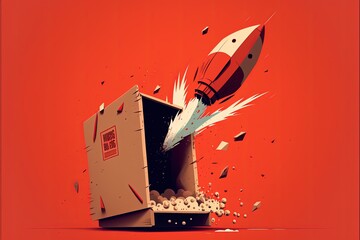 Rocket coming out of cardboard box, red background. AI digital illustration