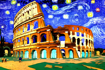 Picture of the colosseum of Rome in the style of vincent van Gogh, Generative AI