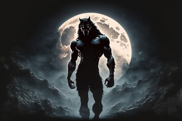 Wolf man, werewolf with jacket and hood, moon in the background. Generative AI - obrazy, fototapety, plakaty
