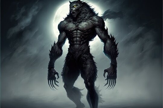 Wolf man, werewolf with jacket and hood, moon in the background. Generative AI