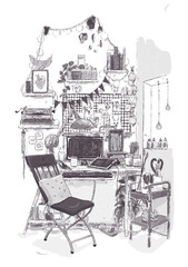 Illustration of cute boho artist studio