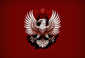White eagle on red background, emblem, sign, poster, t shirt. Generative AI