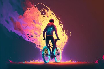 Fototapeta na wymiar Back view Man riding a bicycle with a colorful energy splash. Generative AI