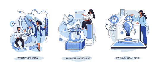 Fototapeta premium We have solution metaphor, business investment, new ideas solution scenes set. Teamwork and brainstorming. Team and new startup. Leadership and financial activities. Concept joint search for new ideas