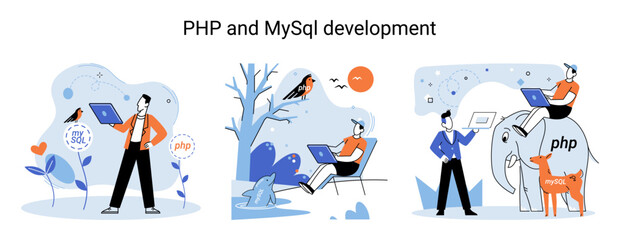 PHP and MySql development metaphor. Software website developer with computer, programmer service, open source general purpose programming language. Scripting web applications allows to create programs
