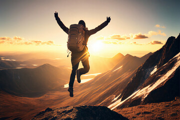 Fototapeta premium A Man Jumps Merrily in The Mountains, A Beautiful Landscape, A Happy Tourist, Hiking, Generative AI Illustration