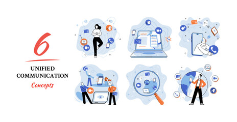 Unified communication metaphor. Social media creative idea. Online social network. Business interaction applications. Marketing time. Mobile computer gadgets for cooperations and information exchange