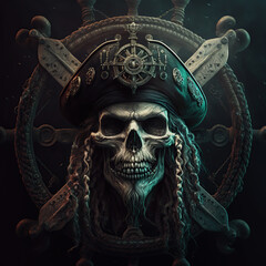 Naklejka premium skull of a scary pirate with black hat well detailed