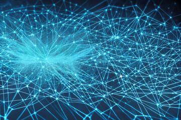 Interconnected web of glowing nodes, mesh network, neural network, internet concept.