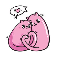 Pink cats are held by their tail. T-shirt print for Valentine's Day. February 14. Cat. Speech bubble with heart. Love. Vector line art pet illustration. Cute cartoon character. Greeting card for lover