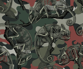 Seamless wallpaper pattern.  Chameleon on the branch on a camouflage background. Textile composition, hand drawn style print. Vector illustration.