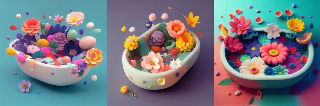 Illustration of bath full of colorful flowers. Isolated composition on one tone background. 