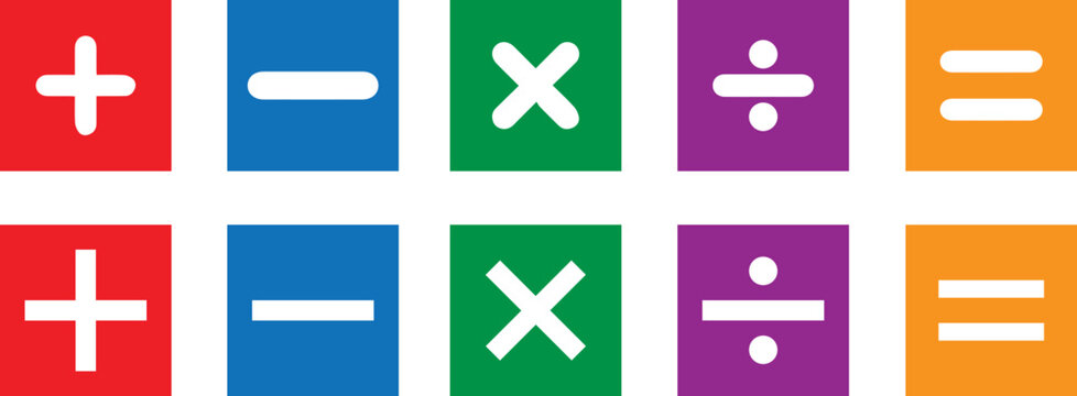 Basic Mathematical Symbol. Plus And Minus Icon Set. Math Symbol. Multiply Icon. Equals Symbol, Division Symbol, Calculator Button, Business Finance Concept In Vector.