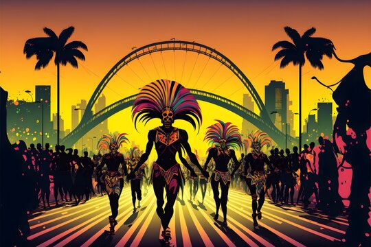 Illustration of Brazilian carnival, samba, parade, samba avenue. Generative AI.