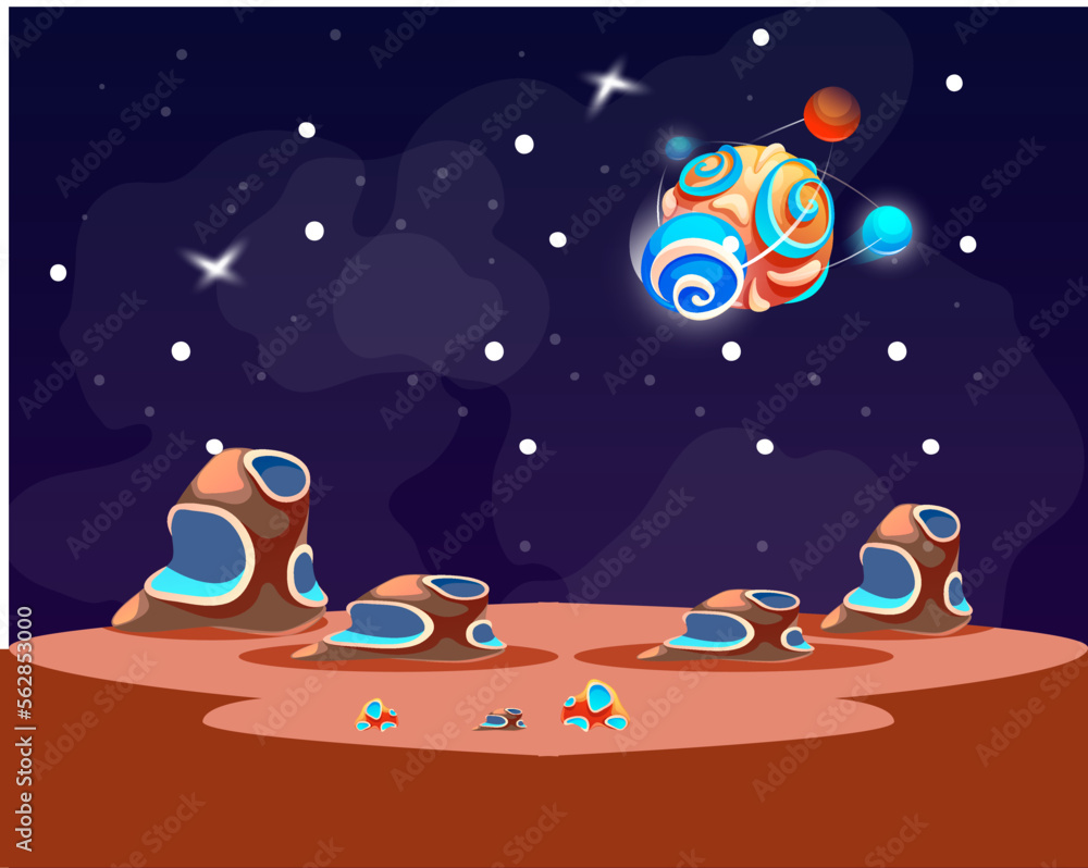 Poster cosmic background with undefined object in dark space, alien planet deserted landscape with deep cra