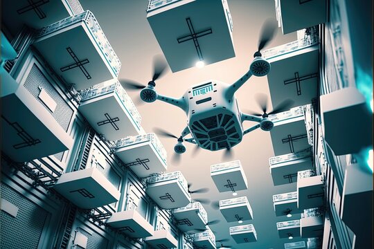 Future Technology 3D Concept smart warehouse  with drone technology. Generative AI 