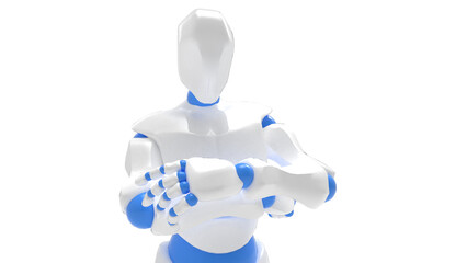Detailed appearance of the white-blue AI robot under white background. Concept 3D CG of automatic operation, optimization and block chain. PNG file format.	