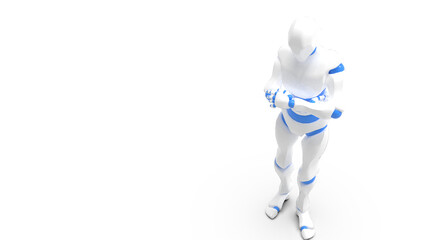 Detailed appearance of the white-blue AI robot under white background. Concept 3D CG of automatic operation, optimization and block chain. PNG file format.	