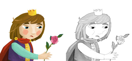cartoon scene prince king holding rose flower illustration