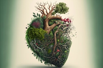 Generative AI illustration of human heart made of plants and trees