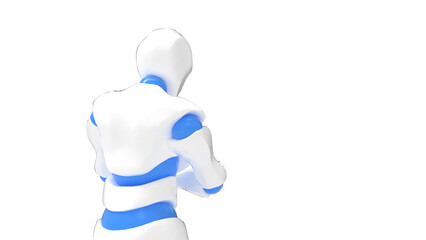 Detailed appearance of the white-blue AI robot under white background. Concept 3D CG of automatic operation, optimization and block chain. PNG file format.	