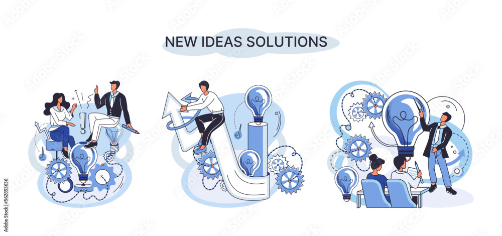 Poster new ideas solution vector set. brainstorm, teamwork process concept. problem solving with creativity