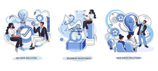 Fototapeta premium We have solution metaphor, business investment, new ideas solution scenes set. Teamwork and brainstorming. Team and new startup. Leadership and financial activities. Concept joint search for new ideas