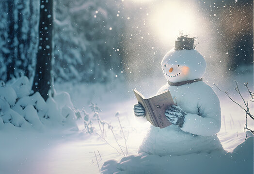 Image of a cheerful snowman reading a book with a carrot nose built by children.  Snowman is in the middle of a forest, in a winter landscape setting.  Beautiful winter wonderland image generative ai.