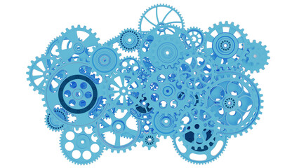 Mechanism blue metallic gears and cogs at work under white spot lighting background. Industrial machinery. 3D illustration. 3D high quality rendering. 3D CG. PNG file format.