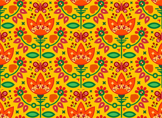 Seamless bright floral surface pattern with butterflies, stylized flowers, leaves, hearts, berries, other nature's elements and shapes in Scandinavian style for paper, textile prints and digital realm