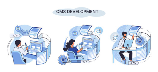 Digital content management system, CMS development software metaphor. Information system or computer program enable organize collaborative process of creating, editing and managing soft in network