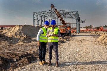 Construction engineers with drone at building site