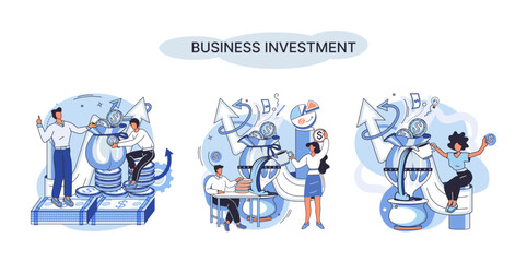 Business investment metaphor. Investment capital for profit and income multiplying. Buying shares and funds, modern economy. Investor strategy, financing business activities. Active or passive income