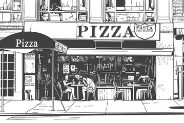 Pizza shop front view. Vector line art illustration
