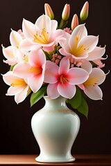 Beautiful peach blossoms, lilies of the valley, a mother-of-pearl vase, created with Generative AI technology