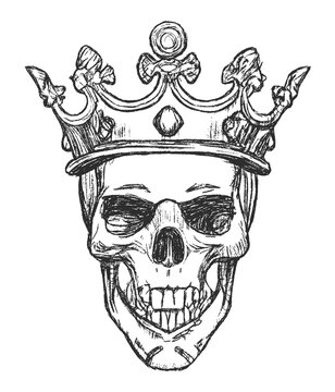 Hand drawn king skull wearing crown. Vector illustration black silhouette